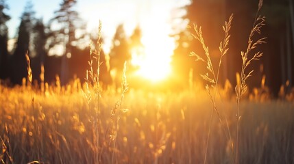 Fototapete - Golden hour sunlight illuminates tall grass in a field, creating a warm and serene landscape scene at sunset.  The sun's rays bathe the plants in a rich, amber glow. : Generative AI