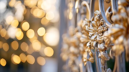 Aufkleber - Close-up of ornate golden metalwork on a fence, blurred bokeh lights in background suggesting a festive, outdoor setting. : Generative AI
