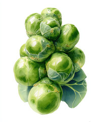 Aufkleber - A cluster of fresh, vibrant green brussels sprouts, meticulously rendered in watercolor, showcases their detailed texture and natural form against a clean white background.