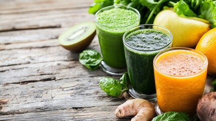 Aufkleber - Three vibrant fruit and vegetable smoothies in glasses, alongside fresh kiwi, ginger, spinach, and citrus fruits on a rustic wooden surface. : Generative AI