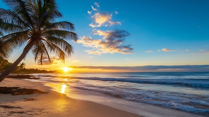 Poster - Stunning sunset over a tropical beach, showcasing a lone palm tree silhouetted against the vibrant orange and blue sky, with gentle waves lapping the golden sand. : Generative AI