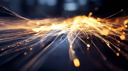 Fototapete - Abstract image of glowing, golden sparks radiating outwards, creating a dynamic and energetic visual effect on a dark background.  Perfect for technology, energy, or industrial design  : Generative AI