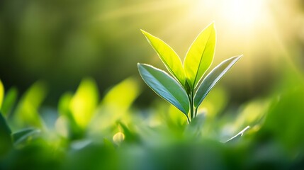 Aufkleber - A vibrant young sprout reaches towards the sunlight, its bright green leaves illuminated, showcasing new growth and the beauty of nature's resilience. : Generative AI
