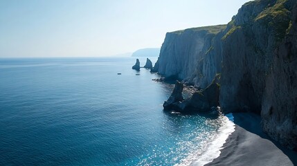 Poster - Dramatic coastal cliffs and dark sand beach meet a vibrant blue ocean under a clear sky, showcasing rugged rock formations and tranquil waters. : Generative AI