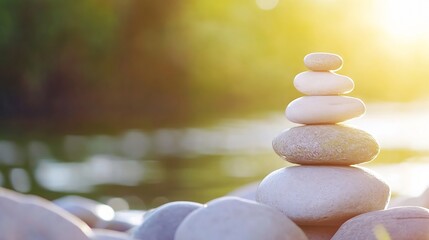 Leinwandbilder - Serene Stack of Balanced Stones at Sunset, Peaceful Zen Garden Scene by Calm Water, Nature's Tranquility, Spiritual Harmony : Generative AI