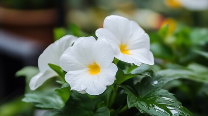 Aufkleber - Close-up of two delicate white flowers with yellow centers, glistening with raindrops, nestled amongst lush green leaves. : Generative AI