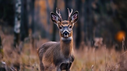 Fototapete - Young roe deer with small antlers stands in autumnal forest, looking directly at the camera.  Its brown and grey coat blends with the muted colors of the surrounding foliage. : Generative AI