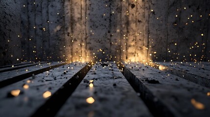 Leinwandbilder - Glowing embers scattered on dark grey concrete planks, creating a dramatic, industrial-style scene with a mystical, atmospheric mood. : Generative AI