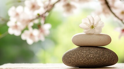 Aufkleber - Serene spa scene: a delicate white flower rests atop a balanced stack of smooth, grey and white stones, set against a softly blurred background of blossoming branches. : Generative AI
