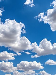 Aufkleber - A vibrant blue sky filled with fluffy cumulus clouds, creating a picturesque and serene summer day atmosphere. The clouds are brilliantly white against the deep blue canvas. : Generative AI