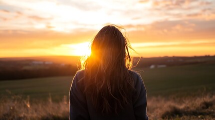 Aufkleber - Silhouette of a young woman with long brown hair, facing away from the camera, enjoying a breathtaking sunset over a vast, tranquil landscape of golden fields and distant trees. : Generative AI