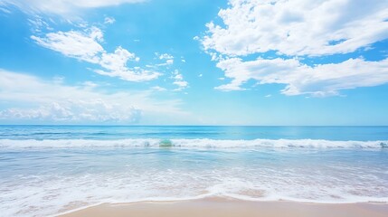 Poster - Serene beach scene with gentle waves lapping the sandy shore under a bright, sunny sky filled with fluffy white cumulus clouds. : Generative AI