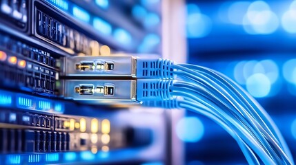 Fototapete - Close-up view of server rack with multiple blue network cables connected, showcasing data center technology and high-speed internet infrastructure. : Generative AI