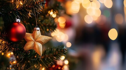 Aufkleber - Close-up of a decorated christmas tree with red bauble and gold star ornament, warm bokeh lights in background. : Generative AI