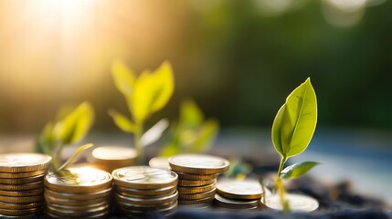 Leinwandbilder - Stacks of golden coins with growing green plants in sunlight, symbolizing financial growth and investment returns in nature. : Generative AI