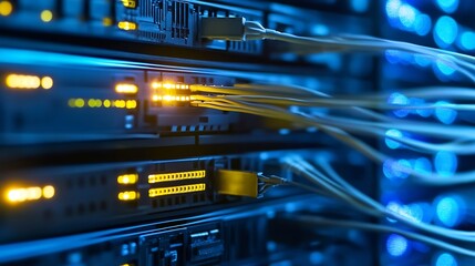 Aufkleber - Close-up view of illuminated fiber optic cables connecting to network server ports, showcasing data transfer and server room technology. : Generative AI