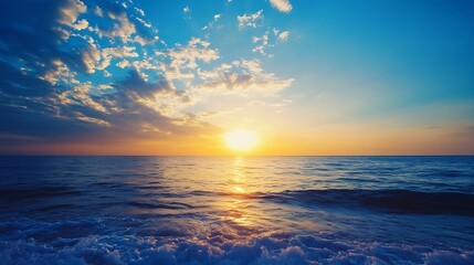 Poster - Serene ocean sunset with golden light reflecting on the waves, a picturesque scene of calm water and vibrant sky at dusk. : Generative AI
