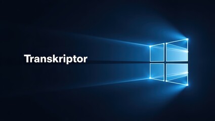 Transkriptor. Blue glowing Windows 10 logo with white Transkriptor text on dark background, technology concept, software branding, digital interface, futuristic style, computer screen, modern design,