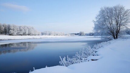 Poster - Serene winter landscape featuring a frozen river reflecting snow-covered trees under a clear blue sky, creating a peaceful and tranquil scene. : Generative AI