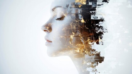 Poster - Abstract portrait of a woman, her face subtly merging with a textured, gold and black abstract background, creating a dreamy, ethereal mood. : Generative AI