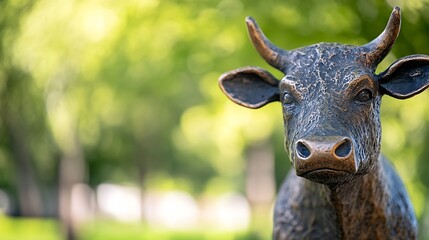 Leinwandbilder - Close-up view of a bronze cow statue, horns prominent, set against a blurred green park background. The textured bronze surface shows detail and craftsmanship. : Generative AI
