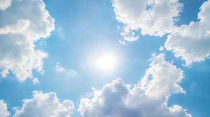 Aufkleber - Bright sun shining through fluffy cumulus clouds in a vibrant blue sky, creating a breathtaking natural scene of light and airy atmosphere. : Generative AI
