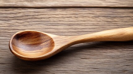 Fototapete - Close-up of a rustic wooden spoon resting on a weathered wooden surface, showcasing the grain and texture of both the spoon and the wood. : Generative AI