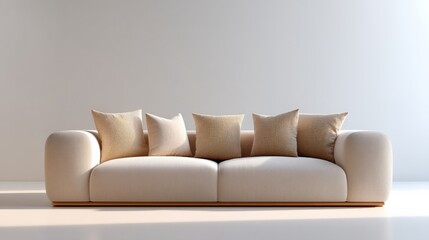 Aufkleber - Beige modern sofa with four textured pillows against a minimalist white wall, bathed in soft sunlight, creating a serene and stylish living room atmosphere.