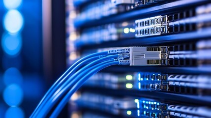 Fototapete - Close-up of blue fiber optic cables connecting to a network switch in a server rack, showcasing data transfer and technology infrastructure. : Generative AI