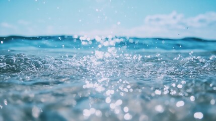 Poster - Close-up view of ocean water with sunlight reflecting, creating sparkling bokeh effect.  Bubbles and waves are visible, showcasing the texture and movement of the sea. : Generative AI