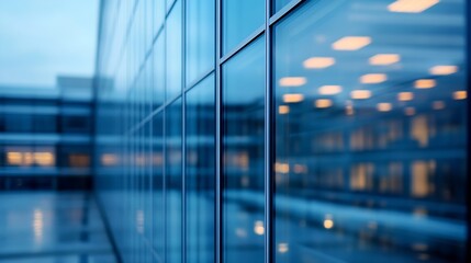 Poster - Modern office building exterior with reflective glass windows showing blurred interior lights at dusk.  The image showcases sleek architectural design and urban cityscape elements. : Generative AI