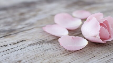 Aufkleber - Delicate pink rose petals scattered on rustic wooden surface, creating a serene and romantic atmosphere.  Perfect for Valentine's Day, wedding, or spa themes. : Generative AI