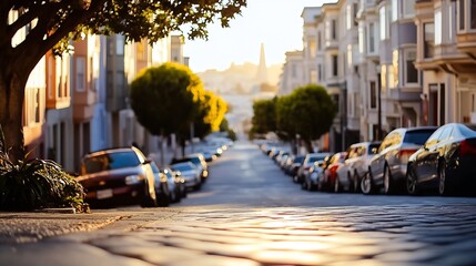 Aufkleber - Golden hour sunlight illuminates a San Francisco street scene, showcasing parked cars and Victorian-style houses, creating a warm and inviting atmosphere. : Generative AI