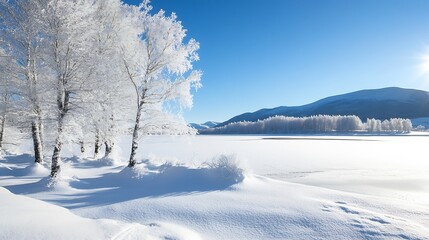 Poster - Winter wonderland scene: snow-covered birch trees stand beside a frozen lake, mountains in the background under a clear blue sky. : Generative AI