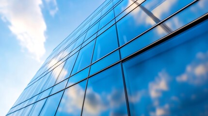 Aufkleber - Modern glass building facade reflecting a vibrant blue sky with fluffy white clouds, showcasing architectural design and urban landscape elements. : Generative AI
