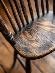 Poster - Close-up view of a rustic wooden chair seat, showing the rich, dark brown wood grain and texture.  The aged wood displays signs of wear and tear, adding to its antique charm. : Generative AI
