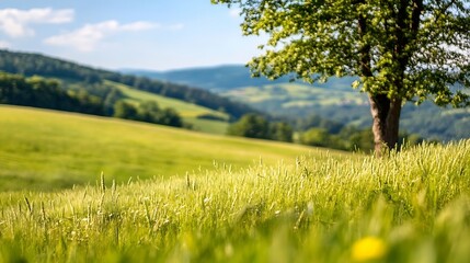 Leinwandbilder - Serene summer landscape featuring a lush green field, tall grass, and a solitary tree against a backdrop of rolling hills under a bright blue sky. : Generative AI