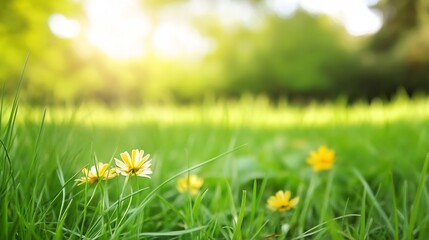 Aufkleber - Two small yellow wildflowers bloom in vibrant green grass, bathed in soft sunlight; a tranquil summer meadow scene. : Generative AI