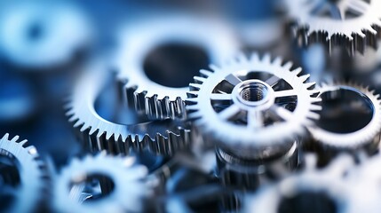 Poster - Close-up view of intricately detailed metallic gears, showcasing precision engineering and complex mechanics.  The cool blue tones emphasize the industrial aesthetic. : Generative AI