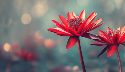 Fototapete - Two vibrant red water lilies bloom gracefully, their petals reflecting sunlight against a soft, bokeh-blurred background of teal and beige tones.