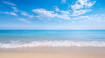 Poster - Serene coastal scene: turquoise ocean waves gently lapping on a pristine sandy beach under a vibrant blue sky dotted with fluffy white clouds. : Generative AI