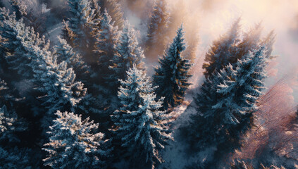 Poster - Aerial view of snow-covered pine trees in a winter forest, bathed in the soft light of sunrise, creating a serene and magical atmosphere.