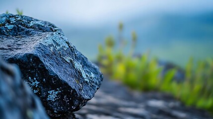 Poster - Close-up view of a dark, textured rock covered in light blue lichen, set against a blurred background of green vegetation and a hazy blue sky. : Generative AI