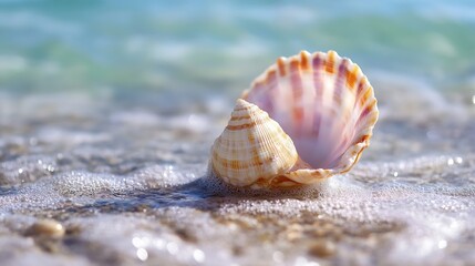 Poster - Seashell on a beach, gently caressed by a wave's foam, reflecting sunlight, creating a serene coastal scene. : Generative AI