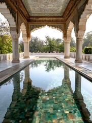 Aufkleber - Reflective pool in a Mughal-style pavilion, showcasing intricate architecture and serene garden views. The water mirrors the ornate columns and arches, creating a symmetrical compositi : Generative AI
