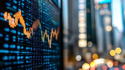 Leinwandbilder - Close-up view of a digital stock ticker displaying financial data, showing upward trending orange graphs against a blurred city backdrop at night. : Generative AI