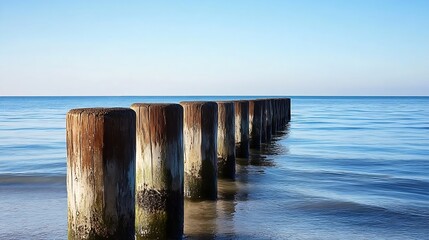 Aufkleber - Serene coastal scene featuring weathered wooden posts extending into calm blue water under a clear sky, evoking tranquility and seaside peace. : Generative AI