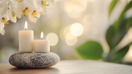 Aufkleber - Two white candles burning brightly, resting on a grey stone, with blurred white orchids and green foliage in the background, creating a serene and peaceful atmosphere. : Generative AI