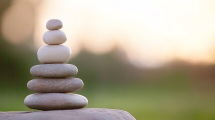 Aufkleber - Serene Stack of Balanced Stones at Sunset, Peaceful Nature Scene, Tranquil Zen Garden, Meditation Concept, Soft Light, Calm Atmosphere, Outdoor Setting : Generative AI