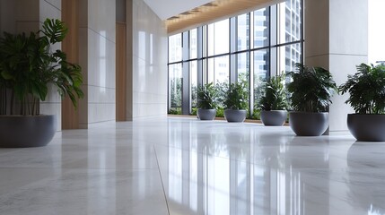 Poster - Modern office lobby with polished floor, large windows offering city view, and several potted plants adding a touch of nature to the contemporary design. : Generative AI